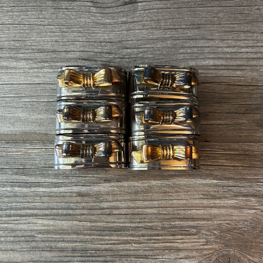 Set of 6 Silver Napkin Rings Gold Bow‎ Accent Table Setting Decor